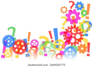 Colorful gears, question marks, and exclamation points on the right side and at the bottom