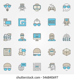 Colorful geek icons set. Vector modern nerd signs and geek people concept symbols or logo elements for your design