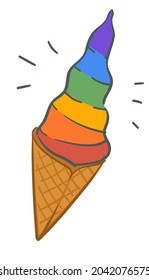 Colorful gelato with different flavors and crunchy cone. Isolated rainbow ice cream, frozen dessert for kids and adults in summertime season and heat. Tasty food and sweets. Vector in flat style