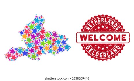 Colorful Gelderland Province map composition of stars, and distress round red WELCOME stamp seal. Abstract geographic scheme in colorful color hues.