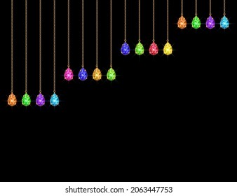 Colorful gems and chains background. Sparkling crystals. Vector illustration.