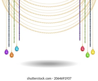 Colorful gems and chains background. Sparkling crystals. Vector illustration.