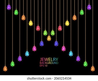 Colorful gems and chains background. Sparkling crystals. Vector illustration.