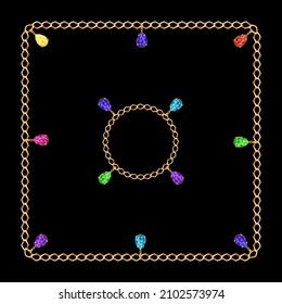 Colorful gems and chains background. Sparkling crystals. Vector illustration.