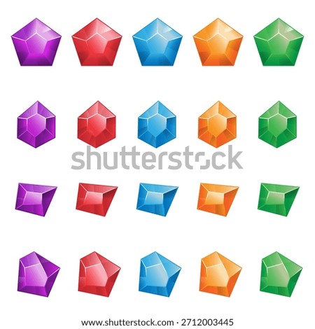 Colorful gemstone set isolated on white. Stylized game assets in five rich colors. Vector icons for game UI design, educational materials, decorative elements