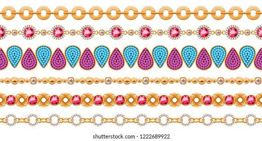 Colorful gemstones and chains seamless horizontal borders set. Good for bracelet necklace jewelry design.