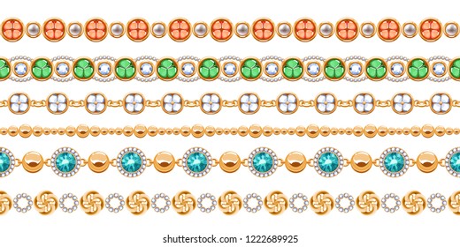 Colorful gemstones and chains seamless horizontal borders set. Good for bracelet necklace jewelry design.