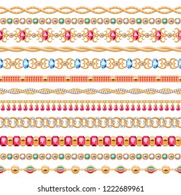 Colorful gemstones and chains seamless horizontal borders set. Good for bracelet necklace jewelry design.