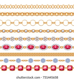 Colorful gemstones and chains seamless horizontal borders set. Good for bracelet necklace jewelry design.