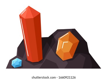 Colorful gemstones in ground isolated on white background. Red ruby, orange topaz and blue turquoise. Inside quarry, mining industry. Vector illustration of material extraction in flat style svg