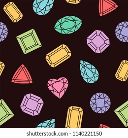 Colorful gemstones. Seamless vector pattern in black background