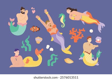 Colorful gender-diverse cute mermaids. Hand drawn LGBTQ concept in modern flat vector illustration style.