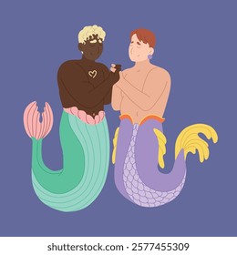 Colorful gender-diverse cute mermaids. Hand drawn LGBTQ concept in modern flat vector illustration style.