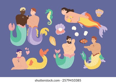 Colorful gender-diverse cute mermaids. Hand drawn LGBTQ concept in modern flat vector illustration style.