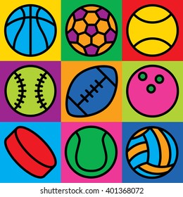 Colorful generic game ball icons on a checkered background. Can also be used as a seamless pattern.