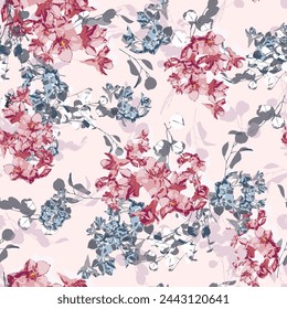 Colorful and gentle blooming garden flowers seamless pattern vector scatter repeat for fashion and fabric soft pink background.