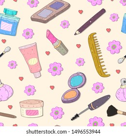 Colorful gentle seamless pattern with cartoon cosmetics, decorative elements on a neutral background. vector. 