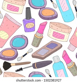 Colorful gentle seamless pattern with cartoon cosmetics, decorative elements vector. hand drawing. design for textile, fabric, print