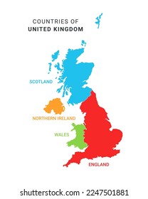 Mapa administrativo geográfico colorido y nombre de los países de la ilustración vectorial del Reino Unido aislada en fondo blanco. 