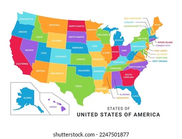 Colorful Geographical Administrative Map and States Name of the United States of America Vector Illustration Isolated on White Background. 