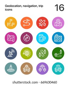 Colorful Geolocation, navigation, trip icons for web and mobile design pack 3