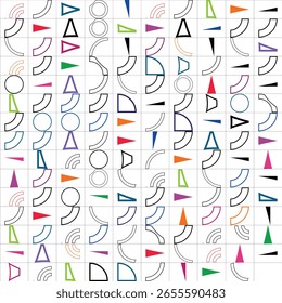 colorful geomaetric abstract pattern, featuring semi circles, triange, arrows, 