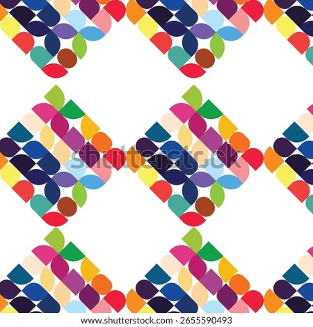 colorful geomaetric abstract pattern, featuring semi circles, triange, arrows, 