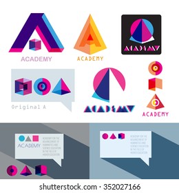 Colorful geometric 3d icons, logo. Geometric shapes logo. Academy logo icons. Sphere, cube, tetrahedron logo icon. Template bubble text. Letter A logo, geometric shapes brand, logotype