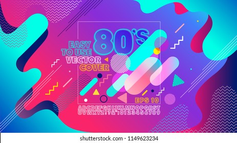 Colorful geometric 80's background. Retro alphabet font. Vintage Alphabet vector 80 s, 90 s Old style graphic poster cover. Eighties style graphic template. Easy editable for Your design.