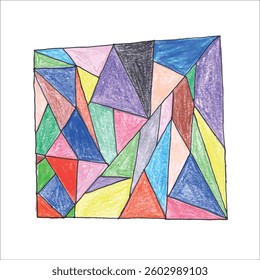 Colorful Geometric Abstract Artwork with Vibrant Crayon Patterns in Triangular Shapes    