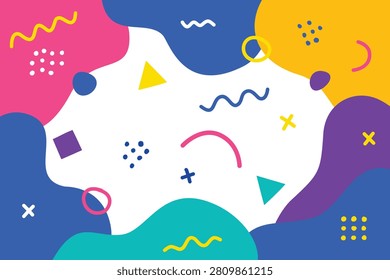 Colorful geometric abstract background. Creative bright frame pattern with dots, triangles, and squiggles for fun social media posts, banners, and kids posters