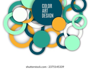 Colorful geometric abstract background. Overlapping colorful circles and rings. Modern elegance, bright fashion background. Brochure and banner template. Vector illustration