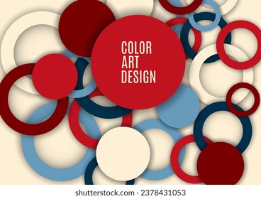 Colorful geometric abstract background. Overlapping colorful circles and rings. Modern elegance, bright fashion background. Brochure and banner template. Vector illustration