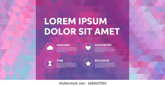 Colorful geometric abstract background with pink and purple triangles. Template design, layout, brochure, banner.