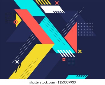 Elementos abstractos geométricos coloridos decorados con un fondo azul.