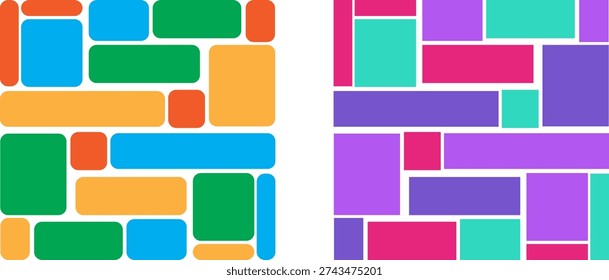 Colorful geometric abstract pattern set. Includes two distinct seamless patterns with rounded rectangles and squares. Created in flat style with bright orange, blue, green