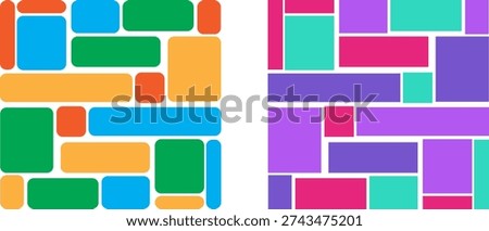 Colorful geometric abstract pattern set. Includes two distinct seamless patterns with rounded rectangles and squares. Created in flat style with bright orange, blue, green