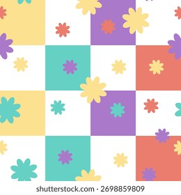 Colorful geometric abstract pattern with simple rectangles and flowers in a modern retro style. Minimalist seamless background design for fabric, wallpaper, wrapping paper, or digital use.