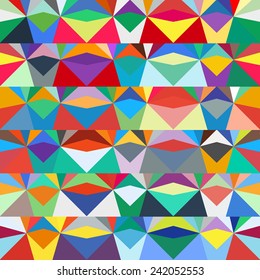Colorful geometric abstract pattern with variety of shapes and colors in 1970s fashion style. Multicolor vector seamless background with aztec, ethnic and tribal motifs