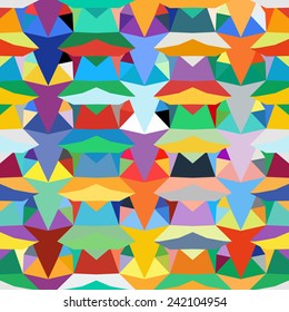 Colorful geometric abstract pattern with variety of shapes and colors in 1970s fashion style. Multicolor vector seamless background with aztec, ethnic and tribal motifs