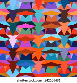 Colorful geometric abstract pattern with variety of shapes and colors in 1970s fashion style. Multicolor vector seamless background with aztec, ethnic and tribal motifs