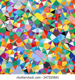 Colorful geometric abstract pattern with variety of shapes and colors in 1970s fashion style. Multicolor vector seamless background.