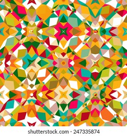 Colorful geometric abstract pattern with variety of shapes and colors in 1970s fashion style. Multicolor vector seamless background.