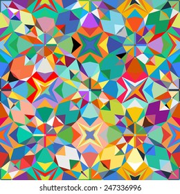 Colorful geometric abstract pattern with variety of shapes and colors in 1970s fashion style. Multicolor vector seamless background.