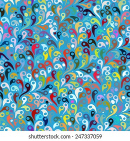 Colorful geometric abstract pattern with variety of shapes and colors in 1970s fashion style. Multicolor vector seamless background in blue