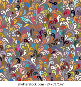 Colorful geometric abstract pattern with variety of shapes and colors in 1970s fashion style. Multicolor vector seamless background in organic brown