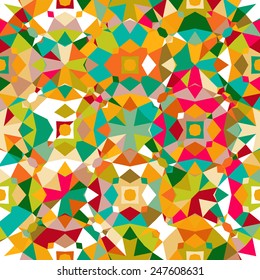 Colorful geometric abstract pattern with variety of shapes and colors in 1970s fashion style. Multicolor vector seamless background.