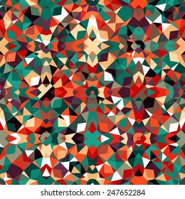 Colorful geometric abstract pattern with variety of shapes and colors in 1970s fashion style. Multicolor vector seamless background.