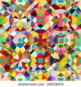 Colorful geometric abstract pattern with variety of shapes and colors in 1970s fashion style. Multicolor vector seamless background.
