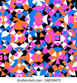 Colorful geometric abstract pattern with variety of shapes and colors in 1970s fashion style. Multicolor vector seamless background.